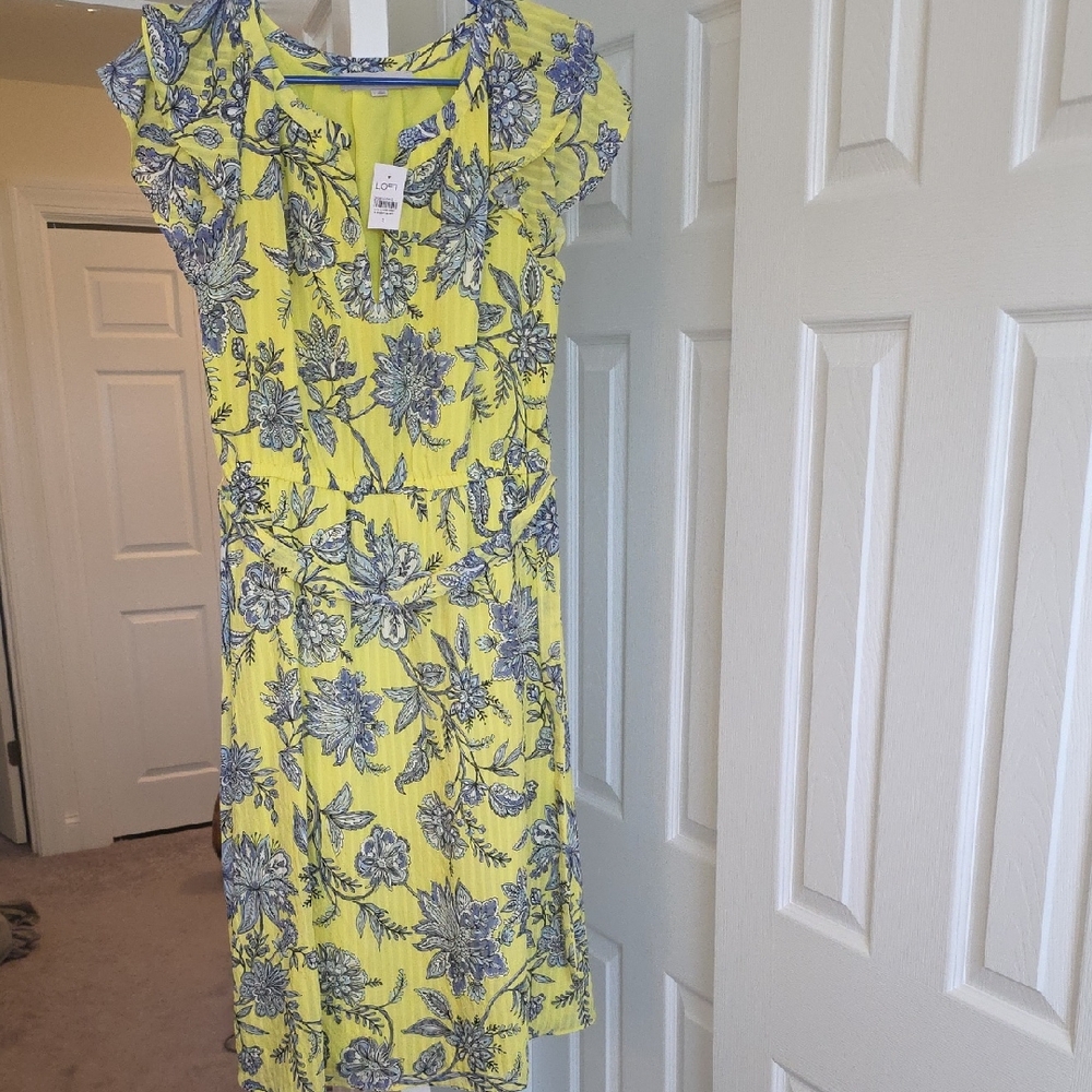 LOFT Yellow and Blue Floral Midi Dress